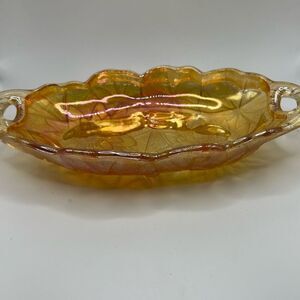Vintage Marigold Floral Indiana Carnival Glass Oval Candy Dish Bowl Relish Bowl